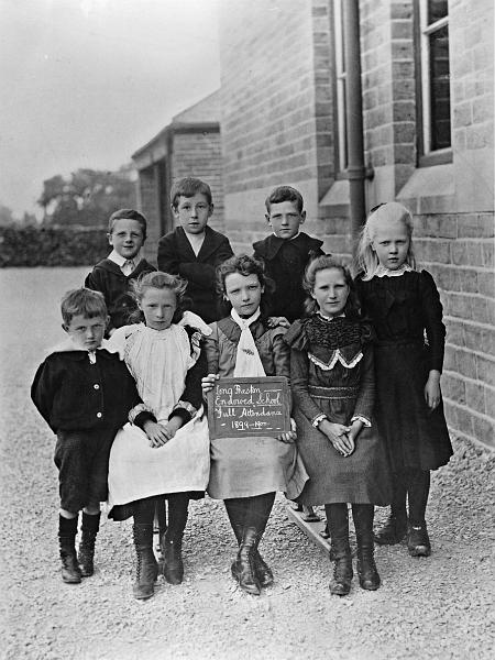 AB01 - School Group 1901.jpg - Long Preston Endowed School Group 1901 Full attendance 1899 - 1900 Front row: Second from left - Emily Mary Bowring - Mother of Arthur Beattie